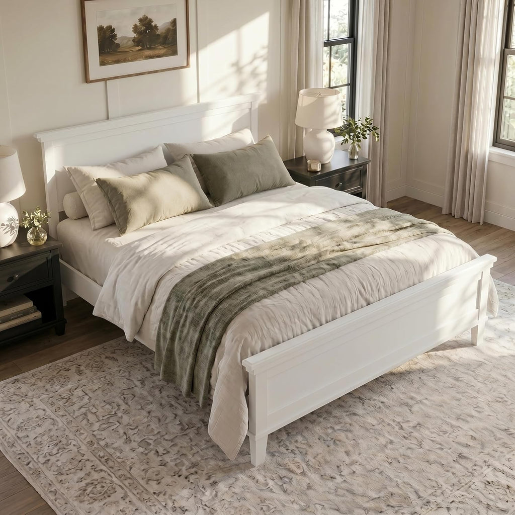 Queen Wood Platform Bed Frame with Headboard, Farmhouse Bed Frame, Mid-Century Modern Bedroom Furniture, Wood Slat