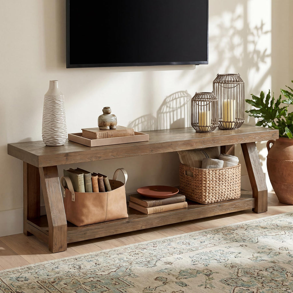 63" Solid Wood TV Stand, 2-Tier Media Console with Open Storage, Farmhouse Entertainment Center, Easy Assembly