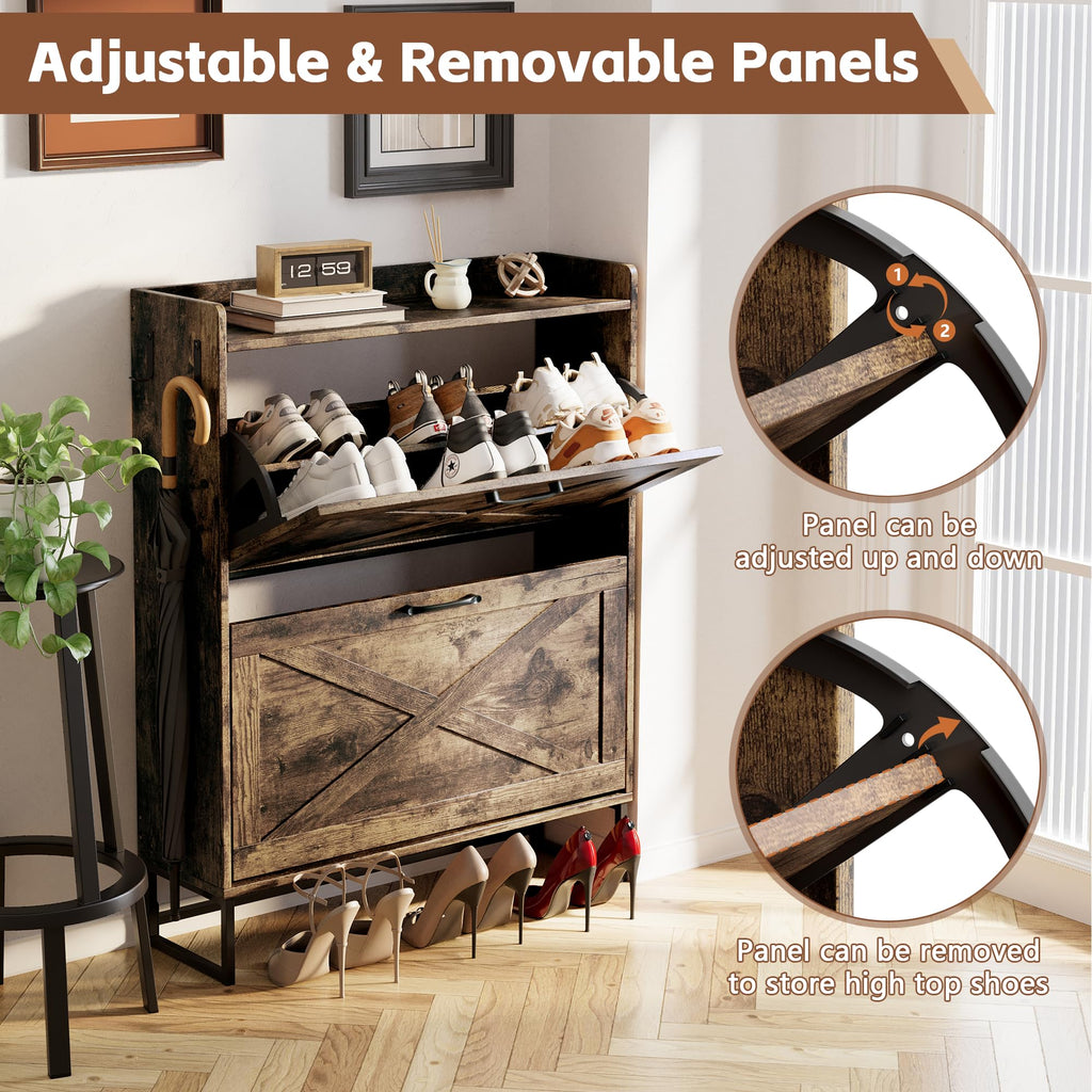 Shoe Storage Cabinet with 2 Flip Drawers, Freestanding Organizer with Metal Legs, Narrow Shoe Rack Cabinet, Rustic