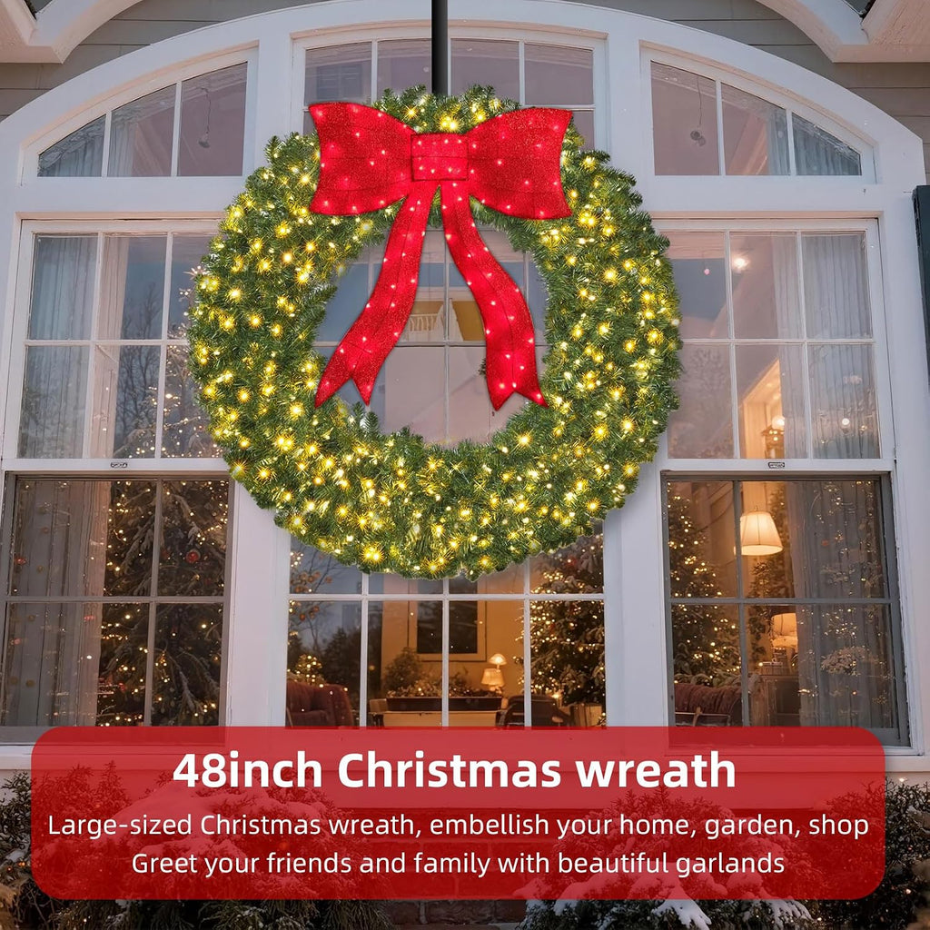 48in Pre-Lit Christmas Wreath with Bow - 270 Colorful LED Lights, 700 PVC Tips, Timer, Remote, Large Outdoor Holiday