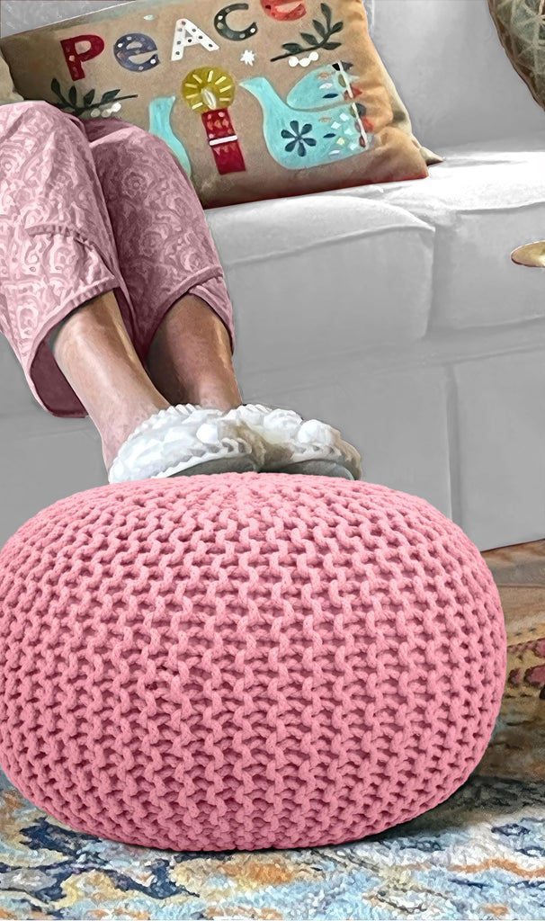 Round Pink Pouf - Hand Knitted Cotton Braid Cord Dori Ottoman