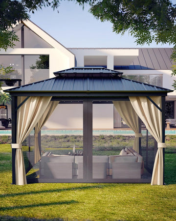 Hardtop Gazebo 10 ft x14 ft for All Weather, with Double Metal Roof, Aluminum Alloy Frame, Net, and Curtain