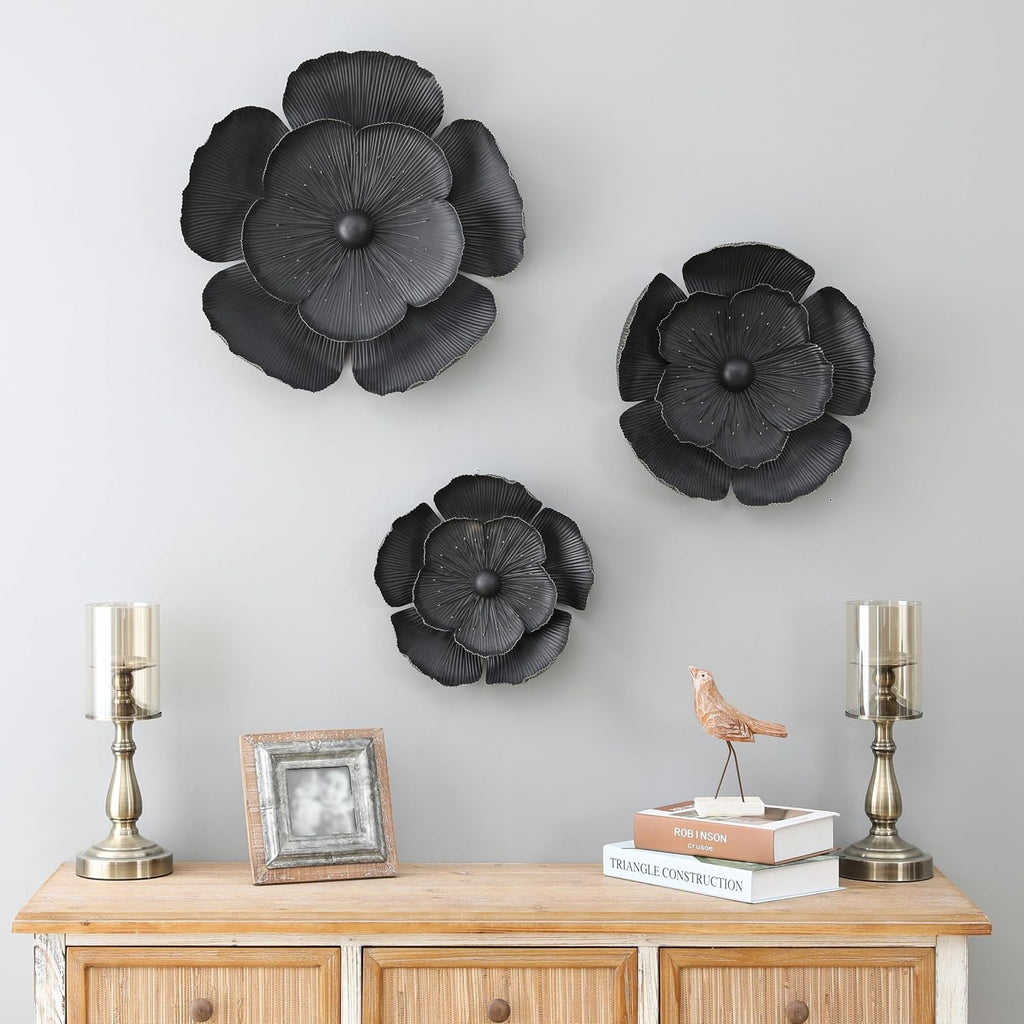 Handmade 3D Metal Flowers Wall Decor Metal Wall Hanging Sculptures Home Decor Floral Art Dark Gray - Set of 3