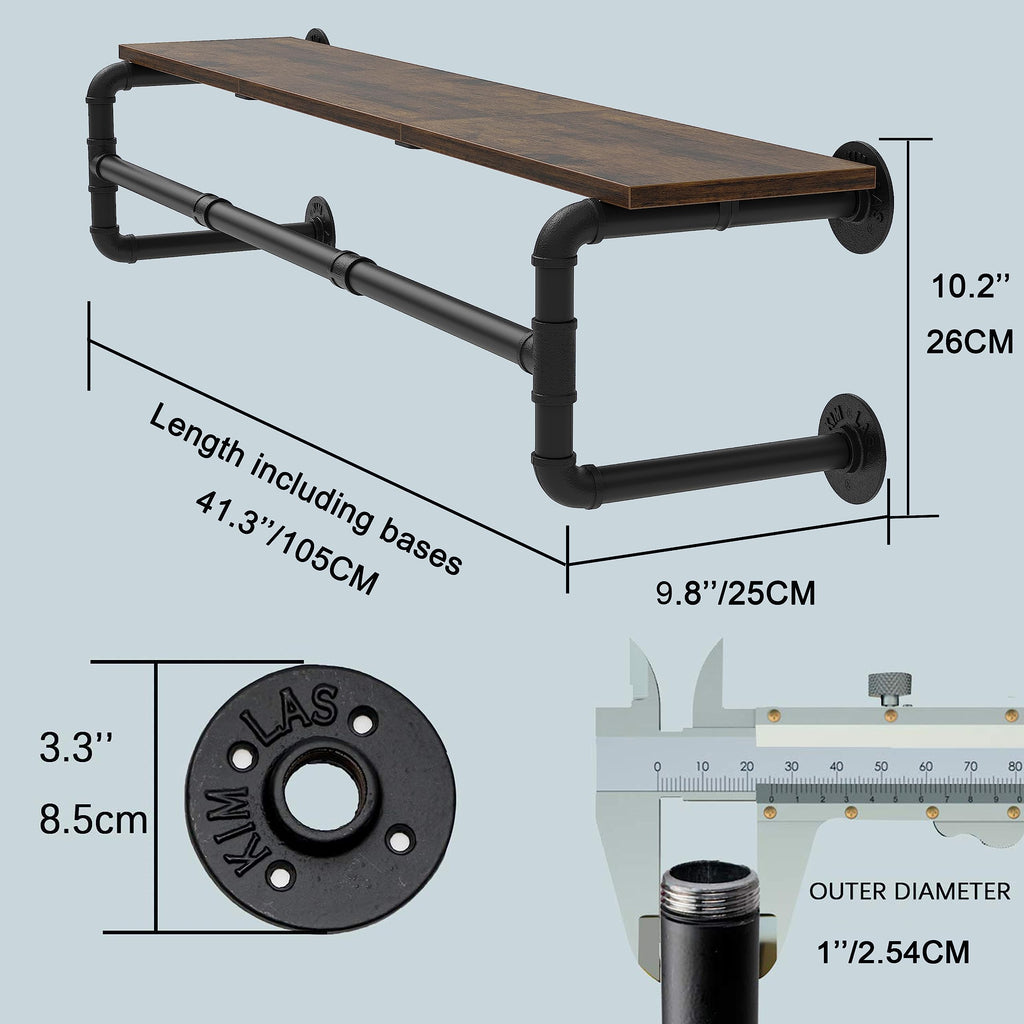 Industrial Pipe Clothes Rack with Top Shelf and 3 Hooks, 41''L Wall Mounted Garment Rack, Heavy Duty Iron Garment