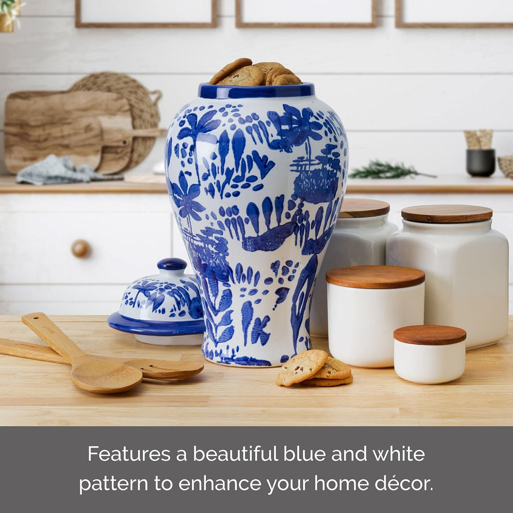 Blue and White Landscape Round Ceramic Ginger Jar, Store Small Household Items or Display Faux Florals