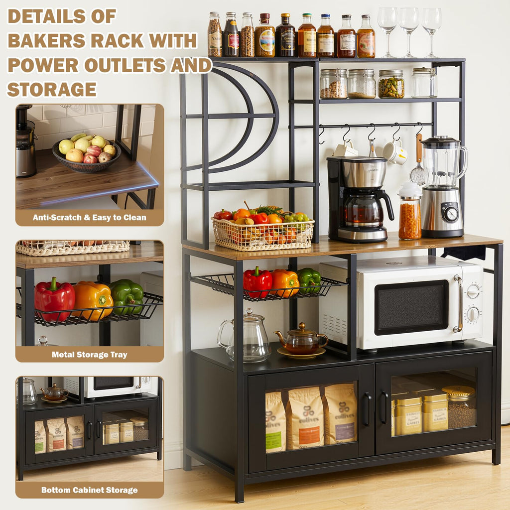 Bakers Rack with Power Outlet and Storage, Kitchen Bakers Rack with Cabinet & 10 Hooks, Coffee Bar Cabinet, Microwave