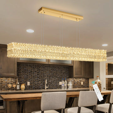 Rectangular Crystal Chandelier Dimmable LED Linear Chandeliers Remote Ceiling Pendants Light Fixture Island Gold