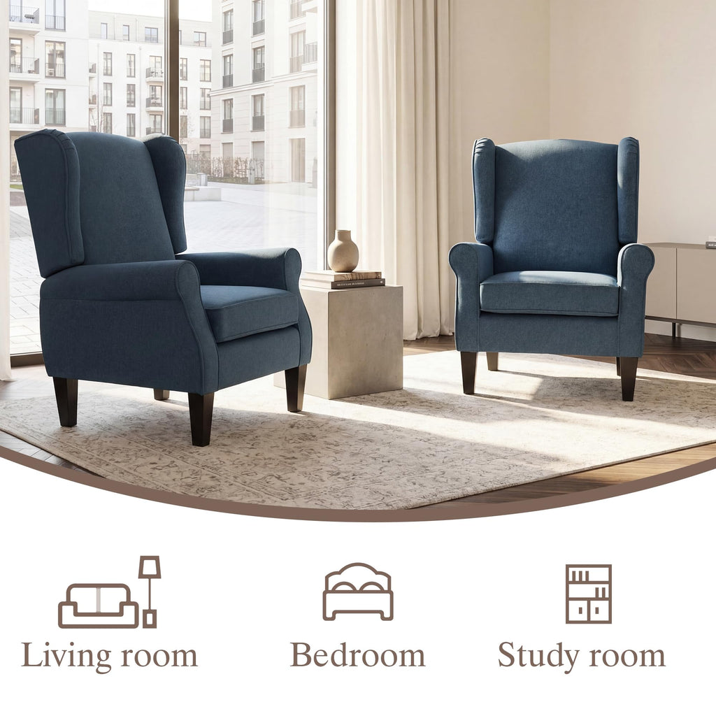 Wingback Accent Chair with Nailhead Trim, Mid Century Modern Armchair (Linen Blue, Set of 2)