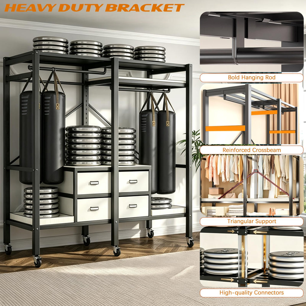 Portable Closet with Drawers Heavy Duty with Cover, KT-Black L:70.9in/180cm
