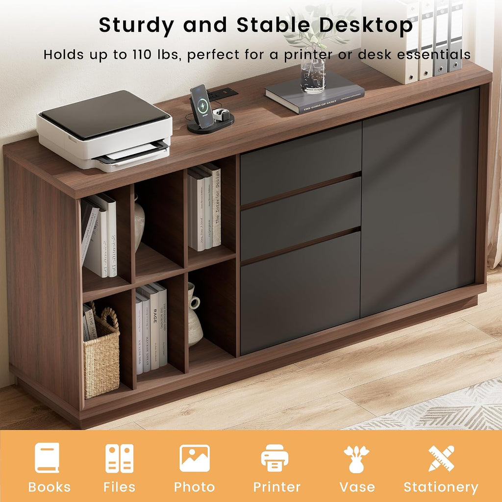 60" File Cabinet with Drawers & Door, Built-in Charging Station | Office Storage Credenza with 6 Open Cubes