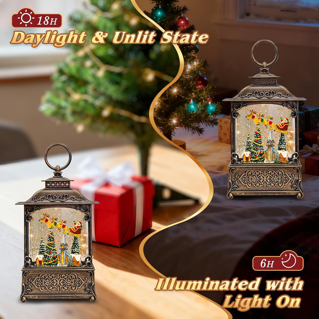 Vintage Christmas Snow Globe Lantern with Santa Flying Reindeer & Church Scene, Lighted Musical Snow Globe