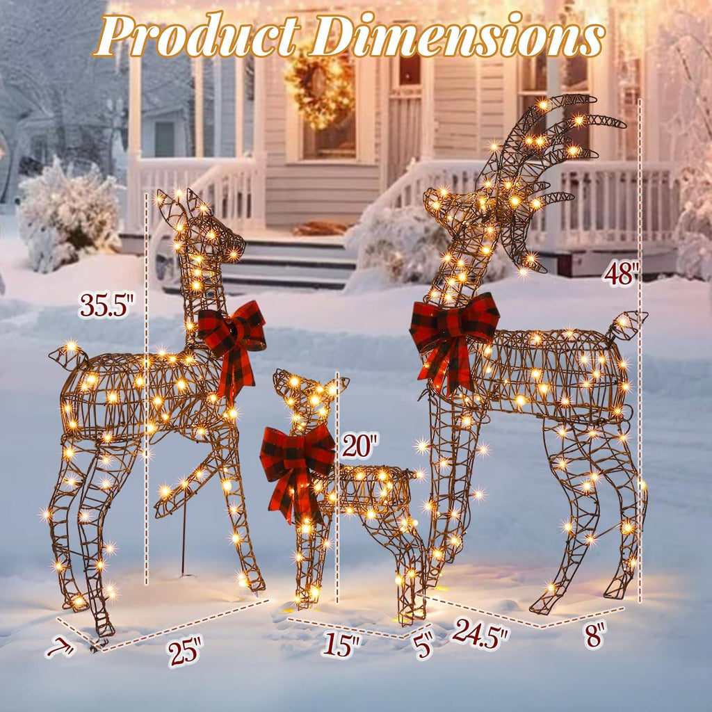 Large Outdoor Christmas Decoration, 4FT 3-Piece Lighted Christmas Deer Family Set, Rattan Reindeer, with 210 LED Warm