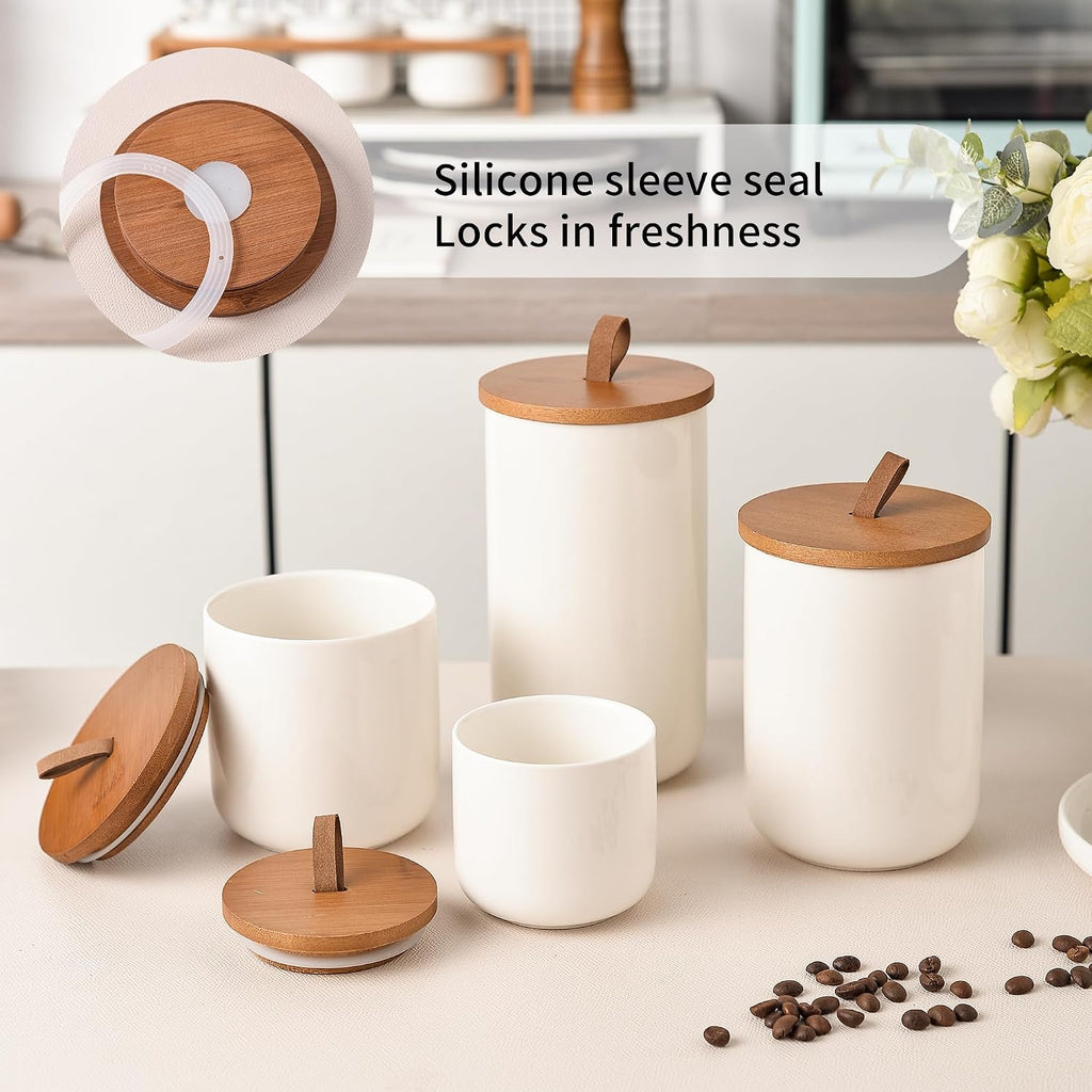 White Ceramic Canister Set with Bamboo Lids, 4-Piece Airtight Food Storage Jars - Flour, Sugar, Coffee, Tea, Spice - Set of 4