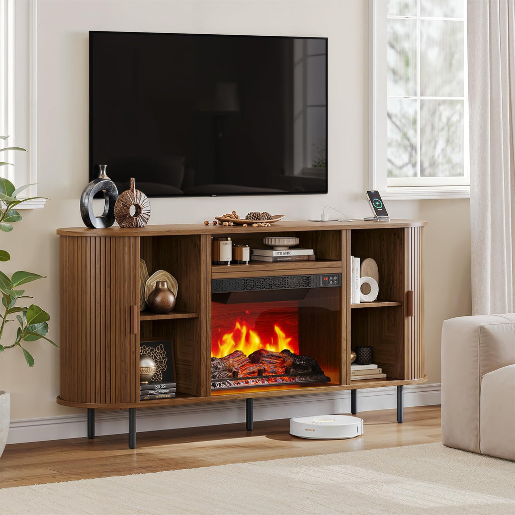 63" Fluted Fireplace TV Stand with Sliding Doors & Power Outlet