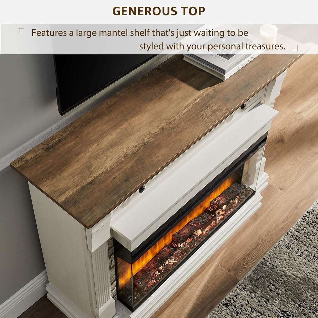 52 Inch Electric Fireplace with Mantel, Fireplace TV Stand with 36" 3-Sided Glass Electric Fireplace Heater for