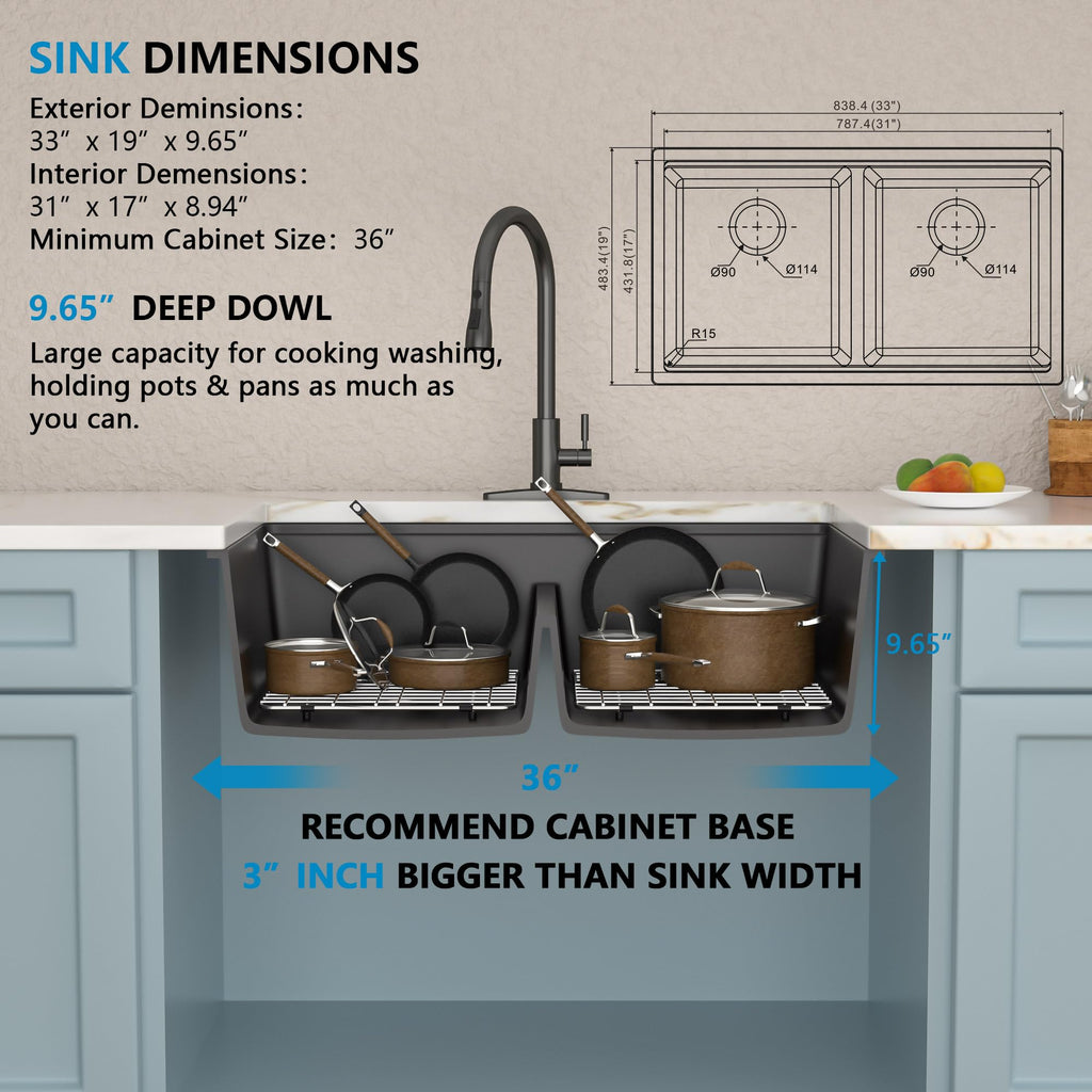 33"x19" Granite Composite Kitchen Sink Double Bowl 50/50 Split