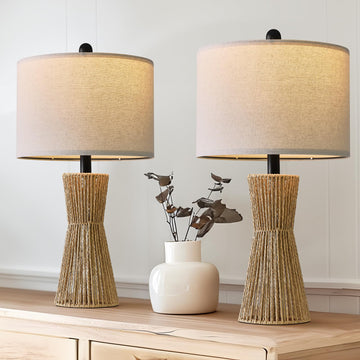 22.5" Table Lamps, Boho Lamps Set of 2 s, Bedside Lamp for Nightstands, Rattan Lamp, Farmhouse Table Lamp for Room