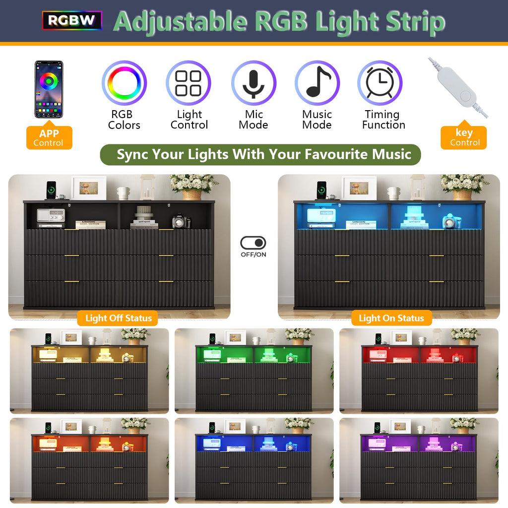6-Drawer Dresser with 2 Open Cubbies, LED & Power Outlet