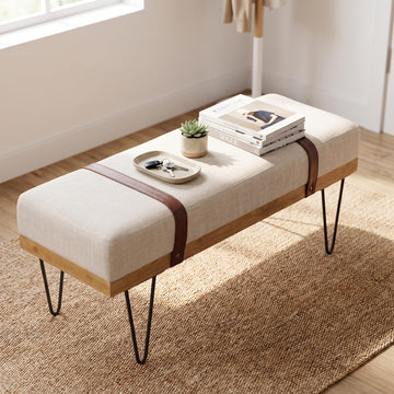 Industrial Modern Linen Rectangle Ottoman Bench, Beige