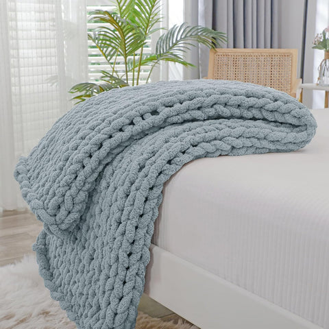 Chunky Knit Throw Blanket, 40x40 inches, 100% Hand Knitted with Thick Jumbo Chenille Yarn, Cozy Soft Large Rope Knot