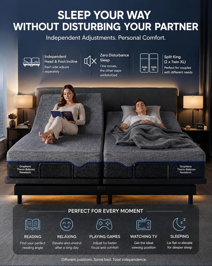 Queen Adjustable Bed Frame with Massage, Electric Adjustable Bed Base with Head & Foot Incline, Quiet Motor