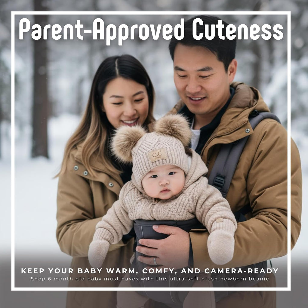 Baby Double Faux Fur Pom Pom Beanie & Mittens Set - Infant Winter Hat with Soft Lined Mittens