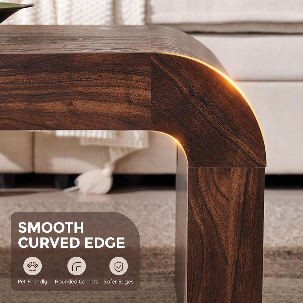 48" Modern Curved Coffee Table, Wood Minimalist Center Table, Brown