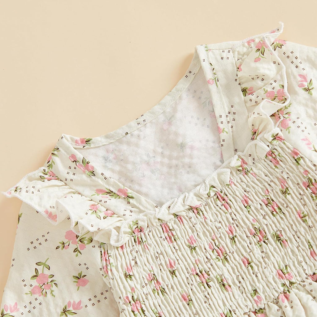 Toddler Baby Girl Fall Outfit Floral Print Smocked Shirt Pants Set