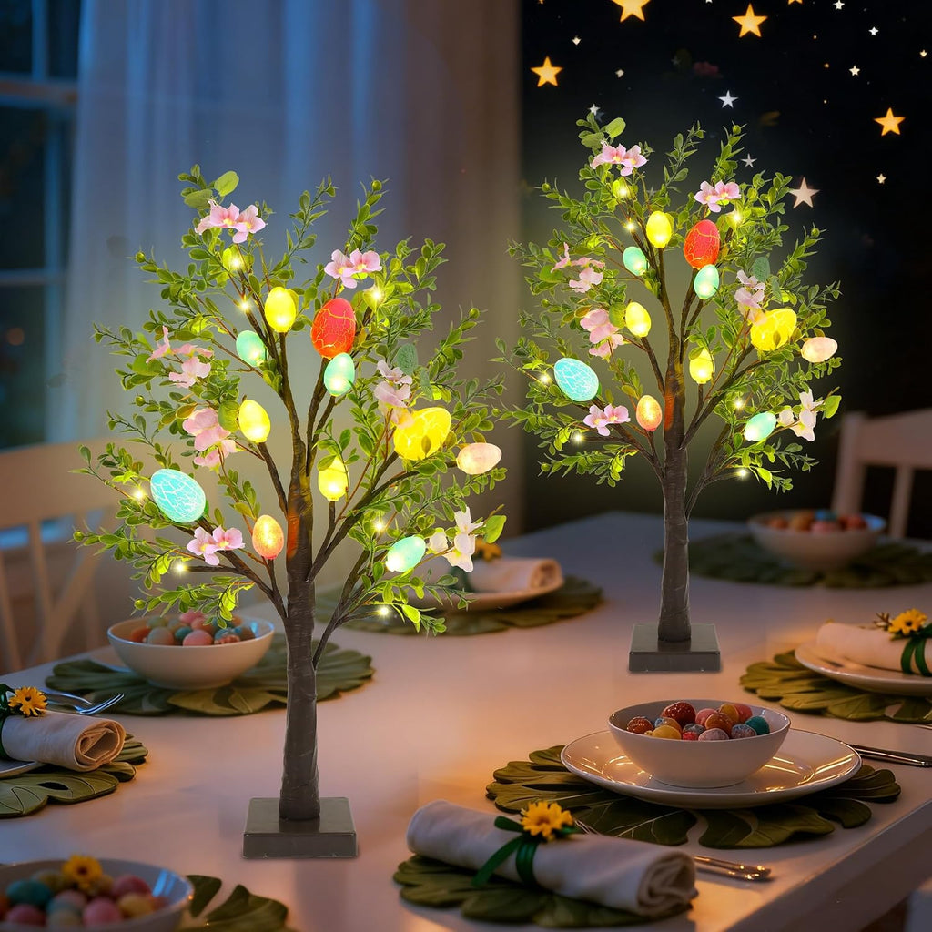 Easter Decor Lighted 24 Inch Artificial Tree with Easter Eggs & Colorful LED Lights, Light Up Tabletop - Set of 2