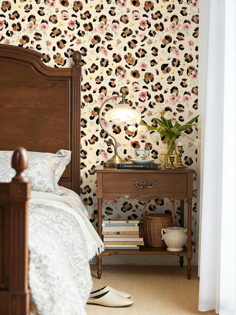 Floral Cheetah Print Peel and Stick Wallpaper Boho 17.3in x 32.8ft | Renter Friendly Self Adhesive Removable Chic