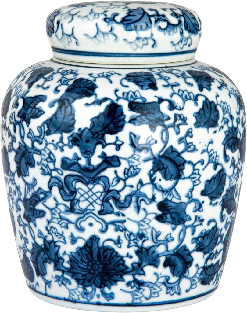 Small Decorative Ceramic Ginger Jar with Lid, Blue and White Floral Pattern