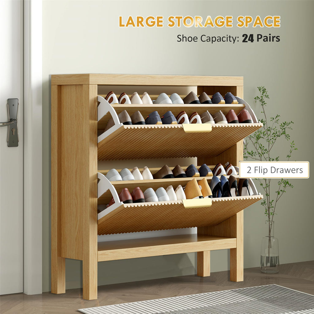 2-Tier Flip Drawer Shoe Cabinet, Hidden Narrow Shoe Rack Cabinet, Natural X2