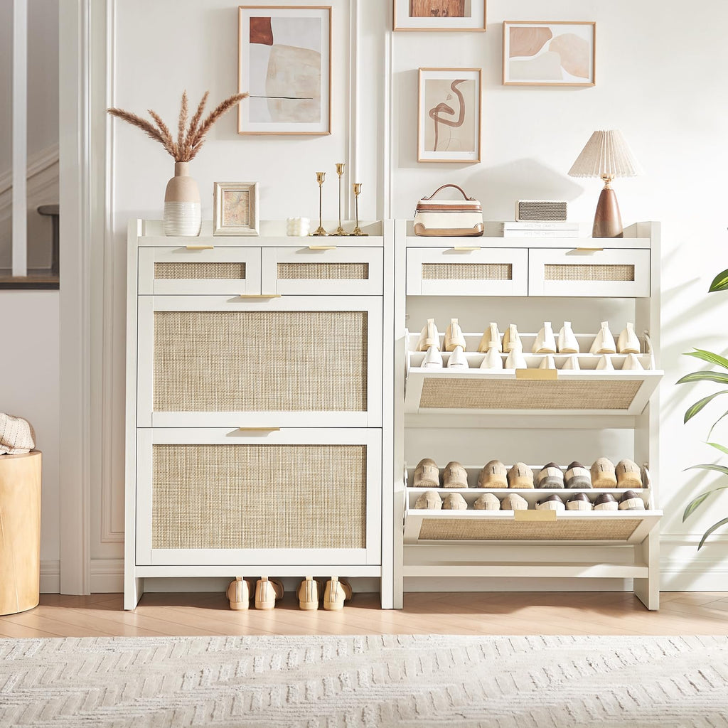Rattan Shoe Storage Cabinet with 2 Drawers & 2 Flip Drawers