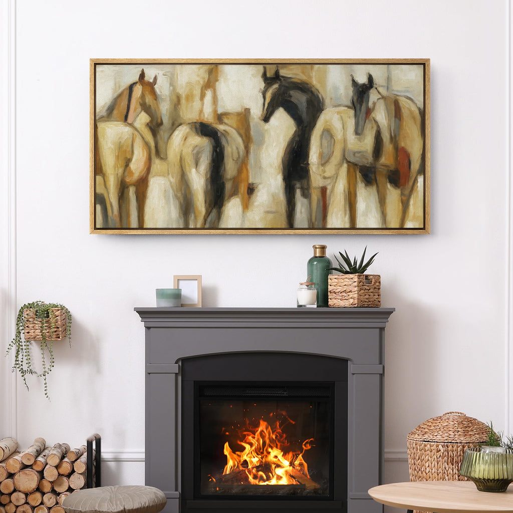 Extra Large Framed Canvas Print Wall Art Abstract Horse Equestrian in Neutral Beige and Brown Illustrations Modern