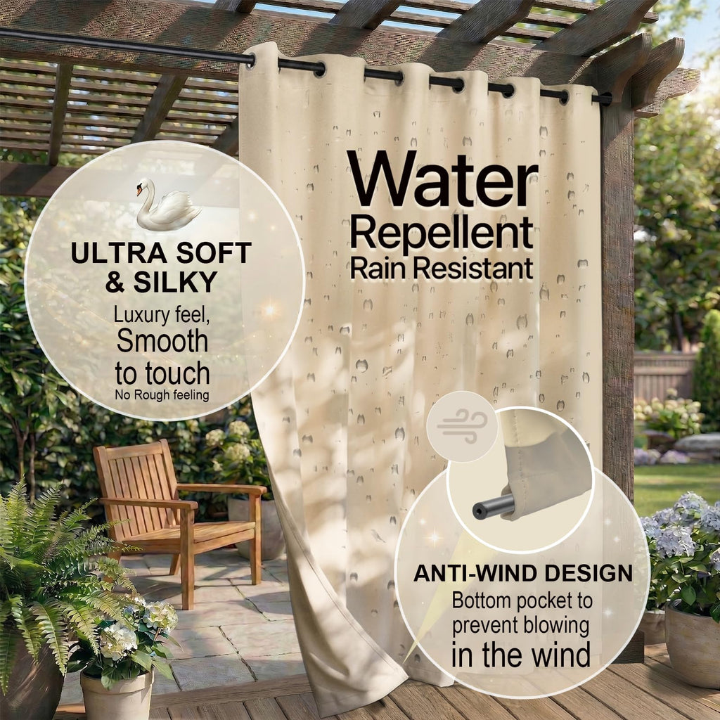 Waterproof Outdoor Curtain W52 x L84 - Grommet Top Sunlight Blocking Window Treatment Drapes Blackout Curtains