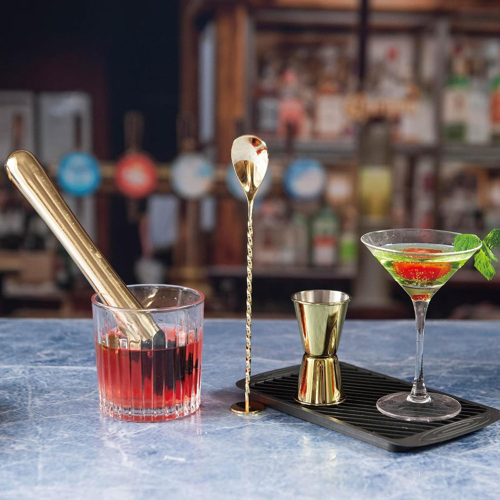 3-Pcs Gold Muddler & Mixing Tools Set, 10" Muddler, 12" Cocktail Spoon & 1 oz/2 oz Double Jigger, Bar Tool Set - Set of 3