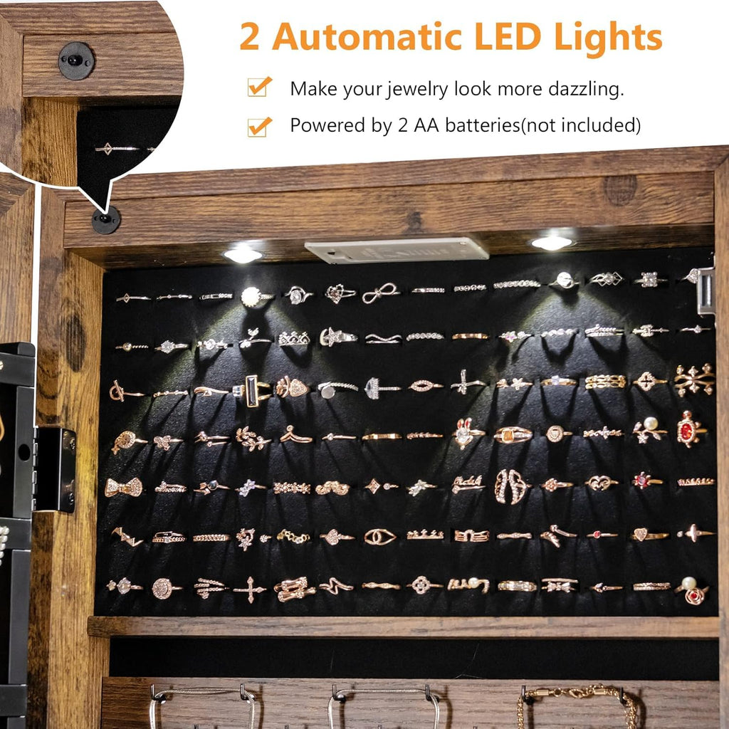 Wall Door Jewelry Armoire, 47.5" H Full Length Mirrored Jewelry Cabinet with 2 LED Lights and 2 Drawers, Lockable