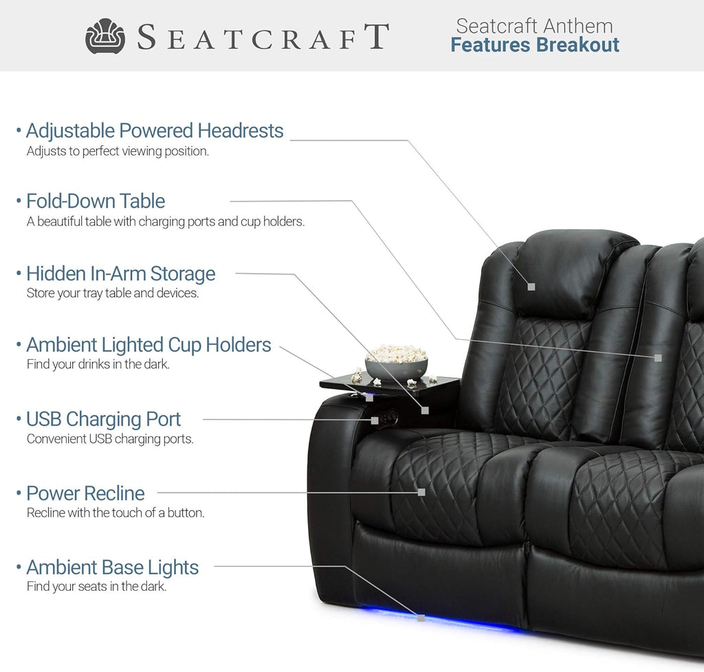 Anthem Home Theater Seating - Italian Leather - Power Recline Sofa - Fold-Down Table - Powered Headrests - Arm Storage