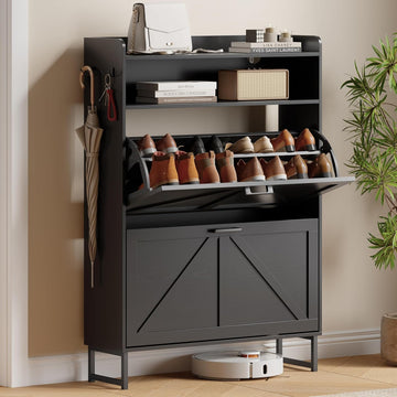 Shoe Cabinet with 2 Flip Drawers, Freestanding Hidden Shoe Storage Organizer , Narrow Slim Shoe Rack Cabinet with