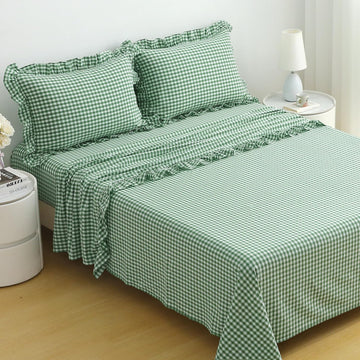Green White Gingham Ruffle Sheets 4-Piece Set