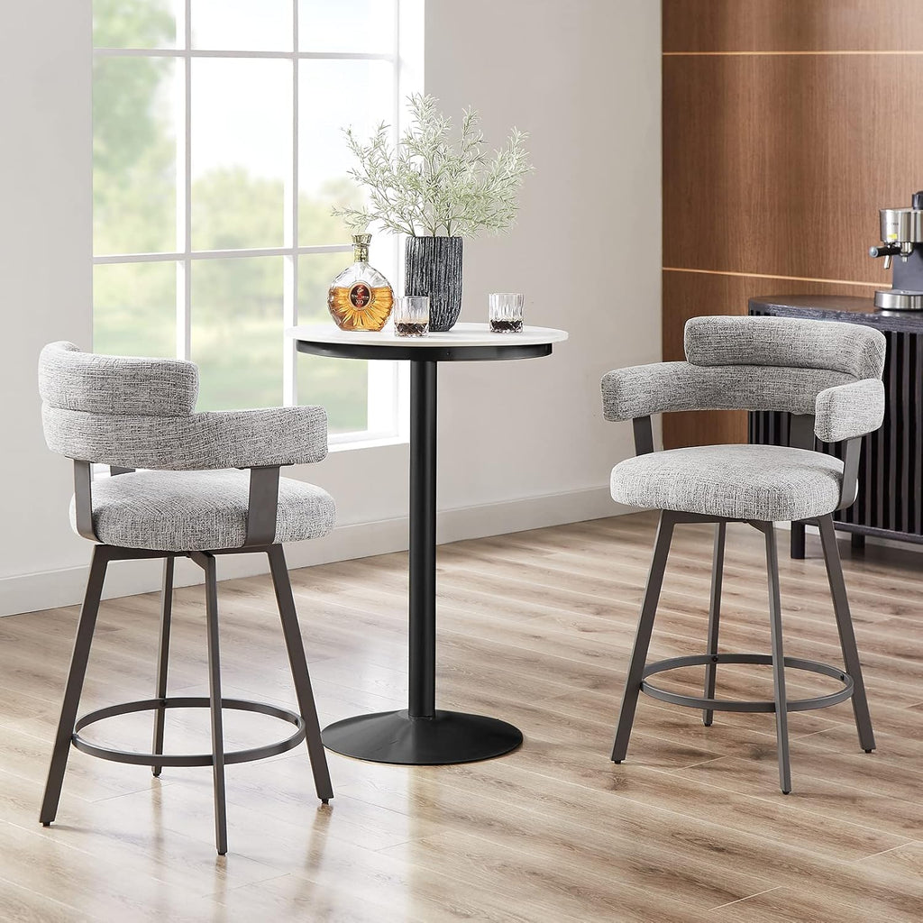 Counter Height Bar Stools with Full Back - Swivel Counter Stools Set of 2 with Linen Padded Back, Metal Footrest