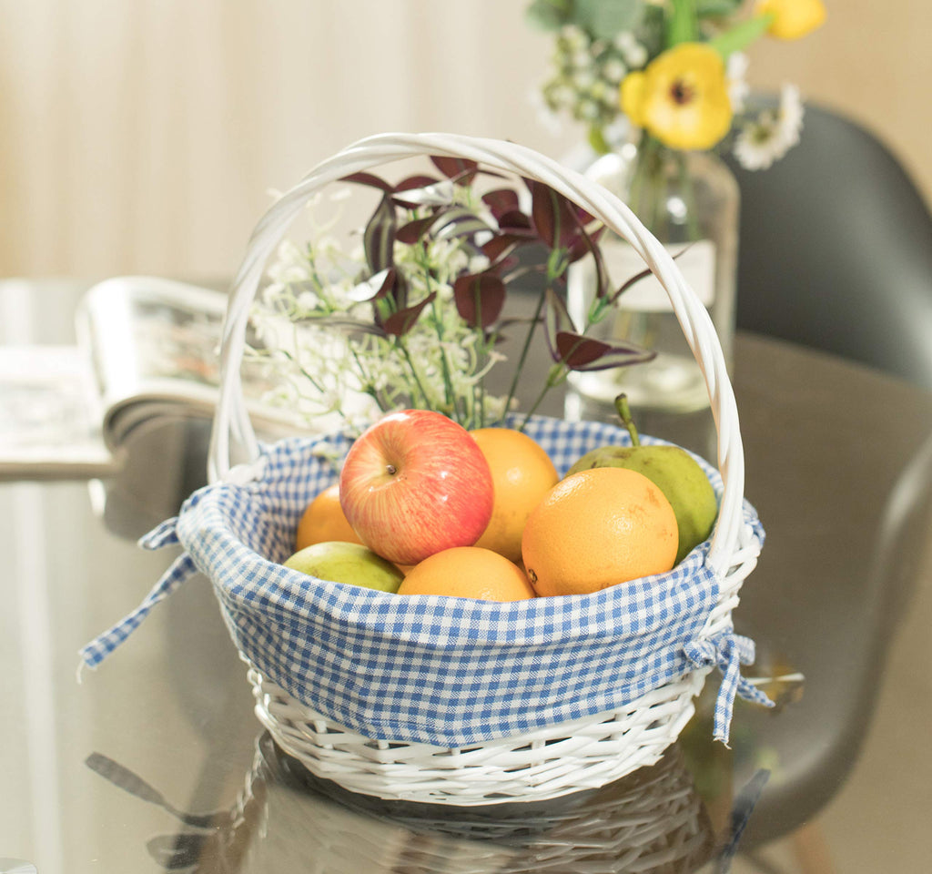 Wicker Gift Basket with Handle and Liner, 11 Inch White Willow Round Basket with Blue Gingham Liner for Easter