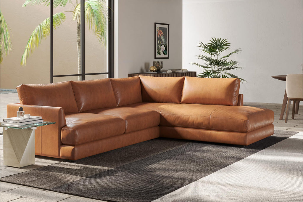 Serena 108" Full Leather Sectional Sofa with Right Bumper | Nappa 11000 Leather, Modern Low Profile Lounge Sofa | L