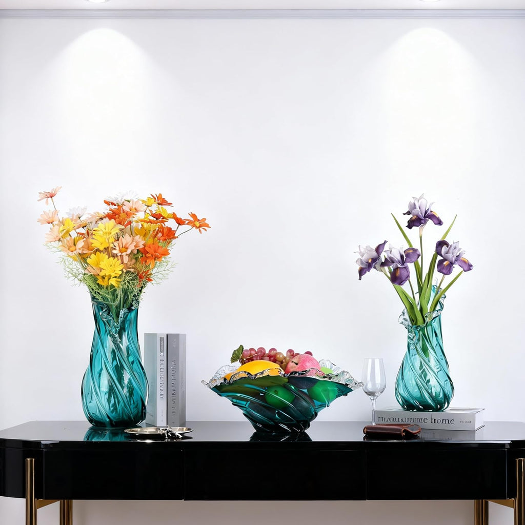 Hand Blown Blue Large Glass Vase Set - Artistic Clear Blue Vase for Coastal & Modern Home Decor, Ocean Wave Vase