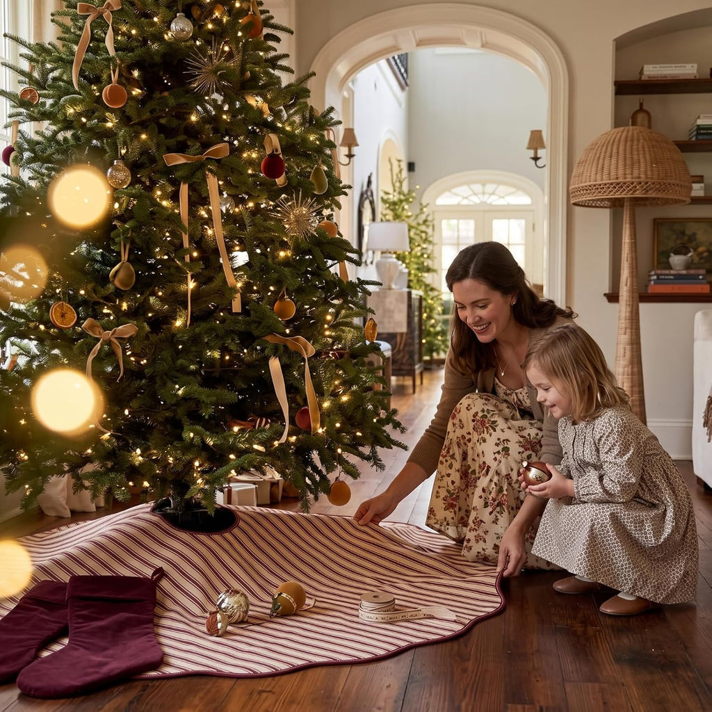 48" Dark Red Striped Christmas Tree Skirt, Primitive Xmas Tree Skirt