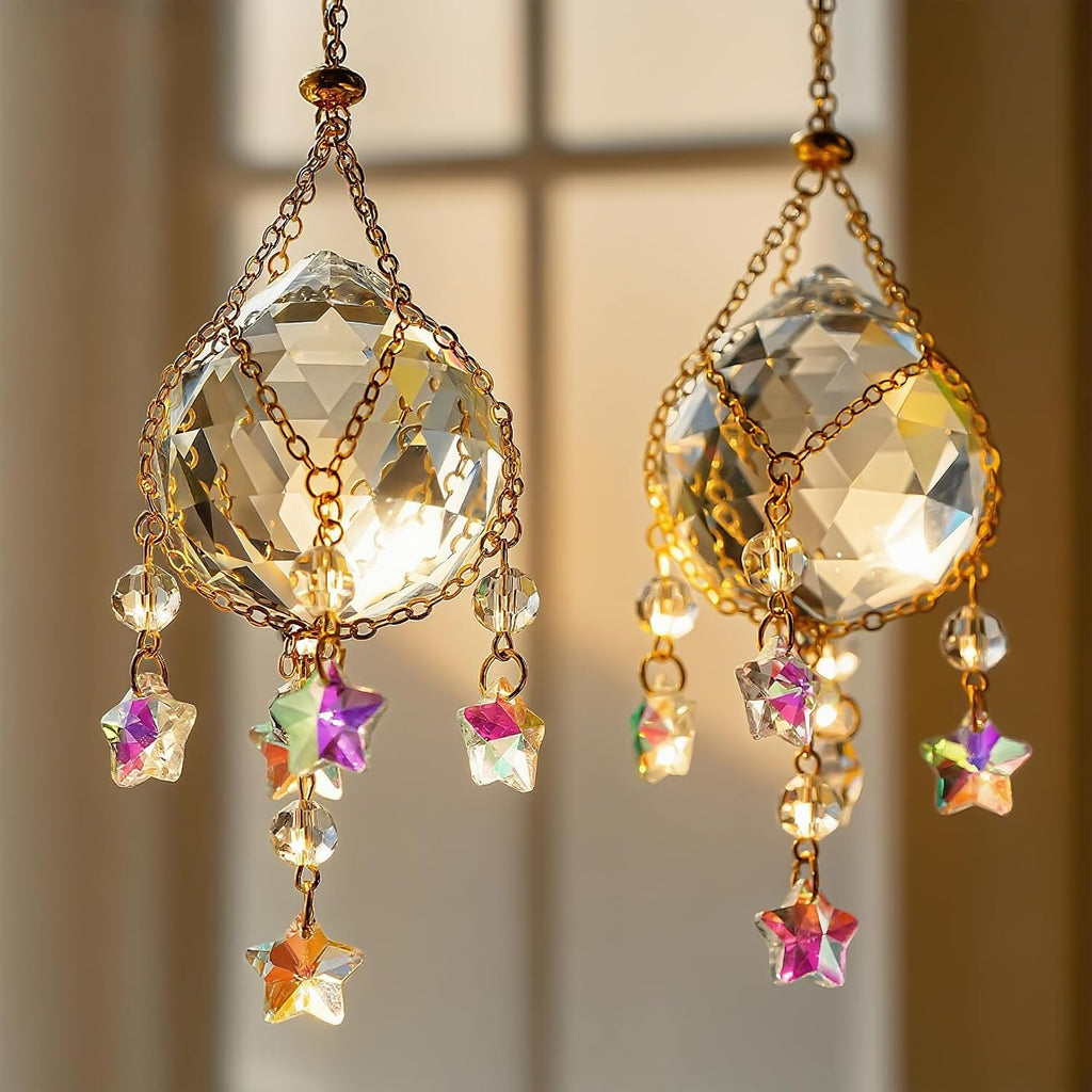 2Pcs Hanging Crystal Ball Suncatchers 40mm with Crystals Star Charm Rainbow - Crystal Ball Prisms Decor Sun Catchers