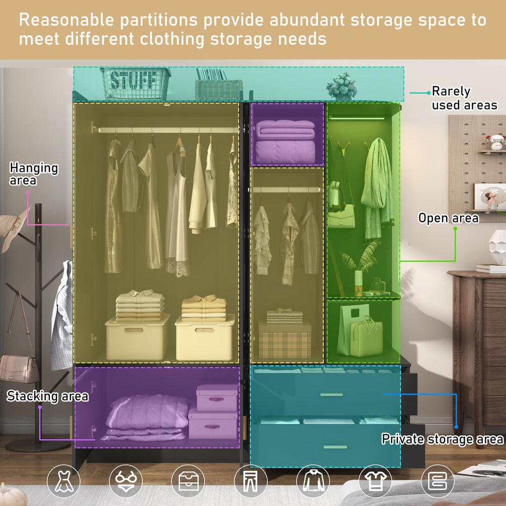 Armoire Wardrobe Closet with Mirror & Sensor Light, Bedroom Armoire with 5 Doors & 2 Drawers, Modern Wooden Large