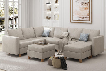 Leather Sectional Couch Sofa with Ottoman, U Shaped Faux Leather