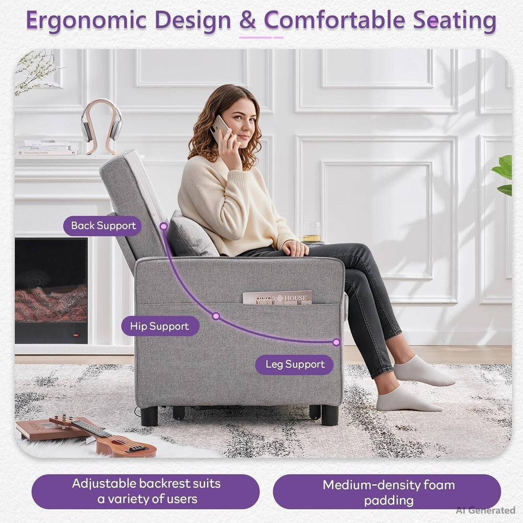 Convertible Sleeper Chair for Adults, Single Pull Out Couch Bed, Grey | , 3-in-1, USB/Type-C Ports, Cup Holders, Side