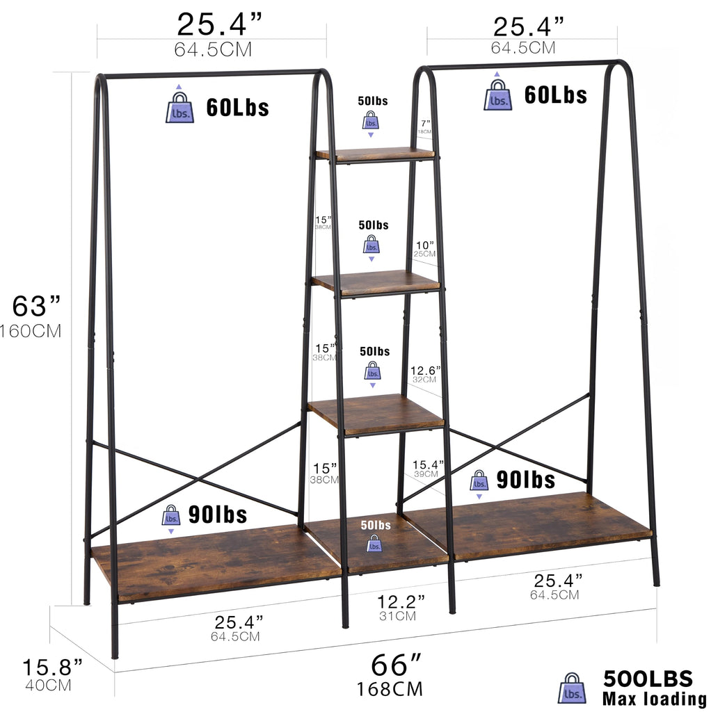 Clothes Rack for Hanging Clothes Freestanding Clothing Rack with 6 Wood Storage Shelves & 2 Rods Heavy Duty Garment